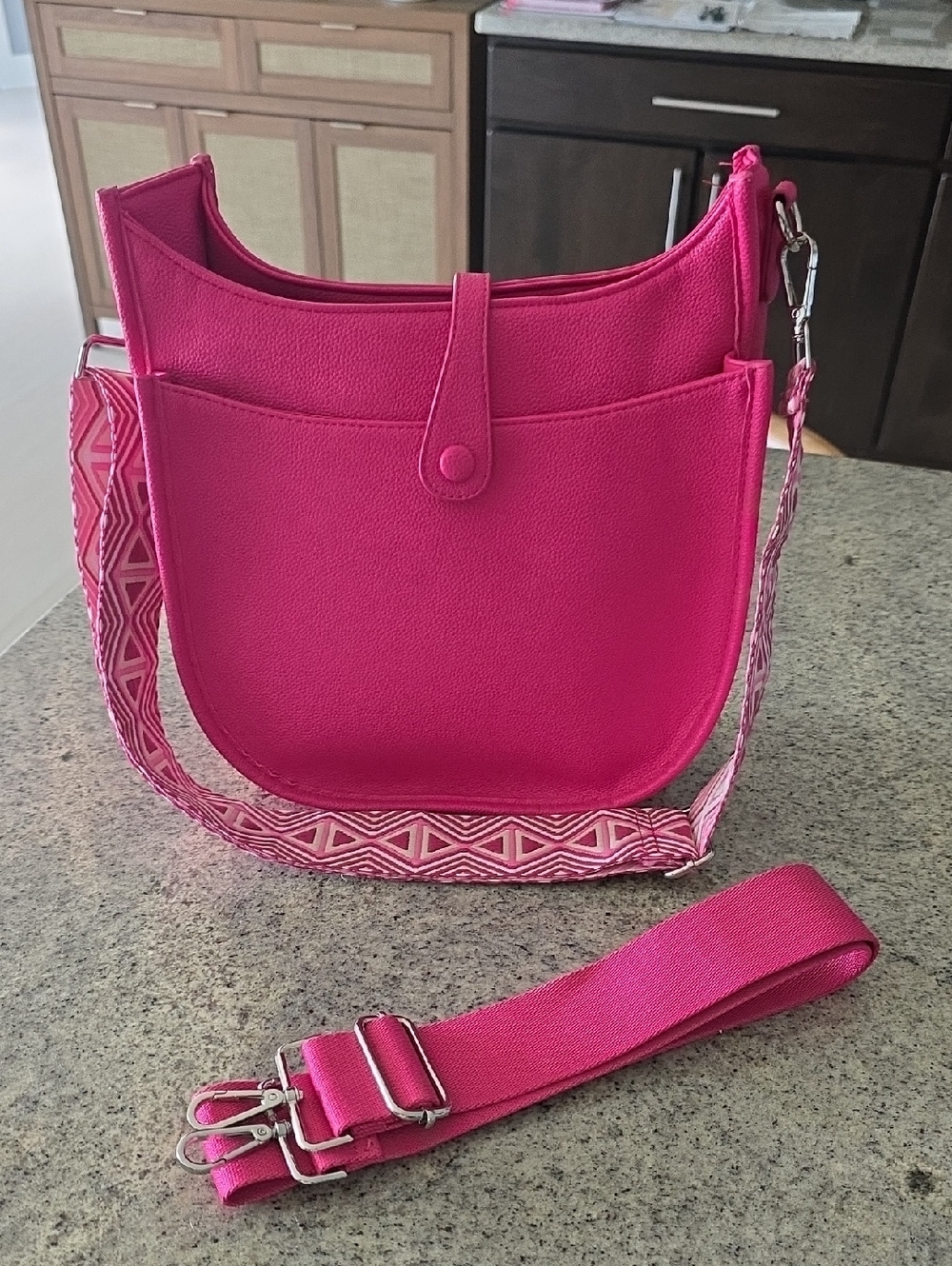 Ah.dorned Hot Pink Crossbody Shoulder Bag with Patterned Quitar Straps